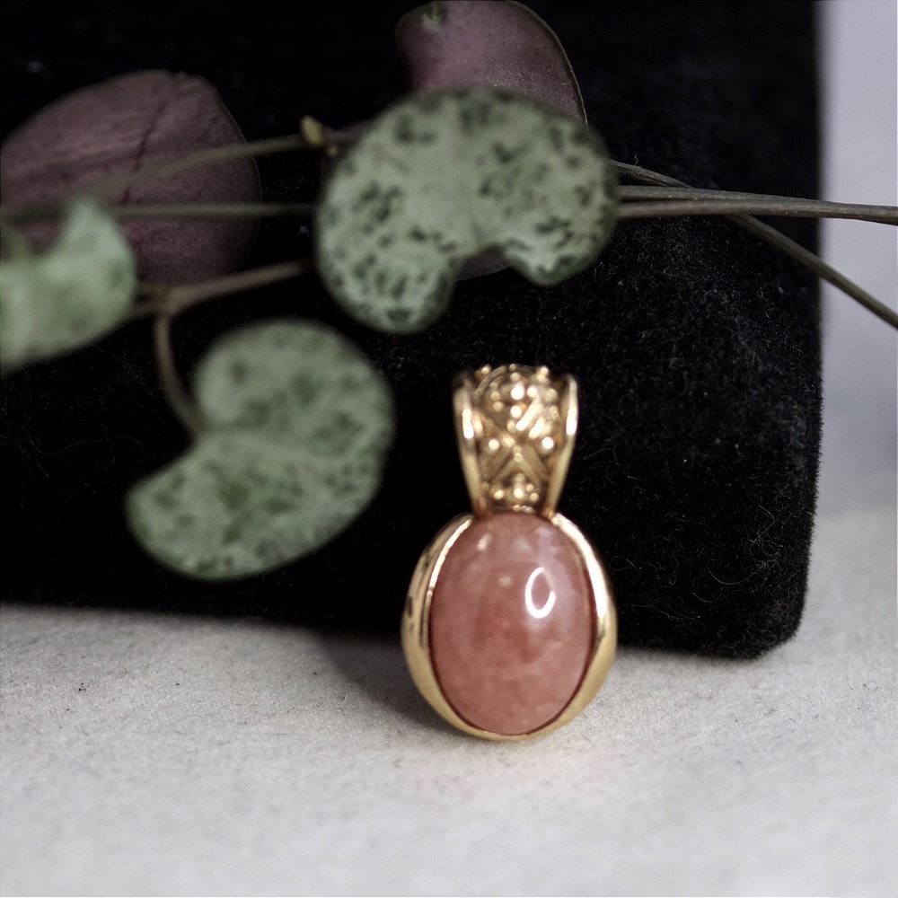 Vintage Sterling Silver 925 Gold Tone Peach Sunstone Oval Cabochon Pendant
